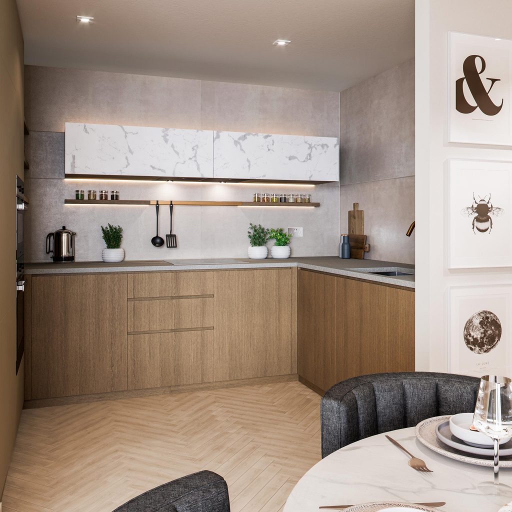 Kitchen design in Kings Road Park apartment in London.