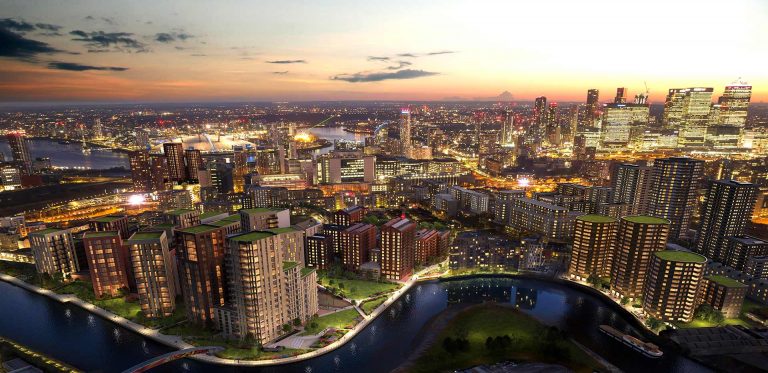 Poplar Riverside: Aerial shot of the East London development at night.