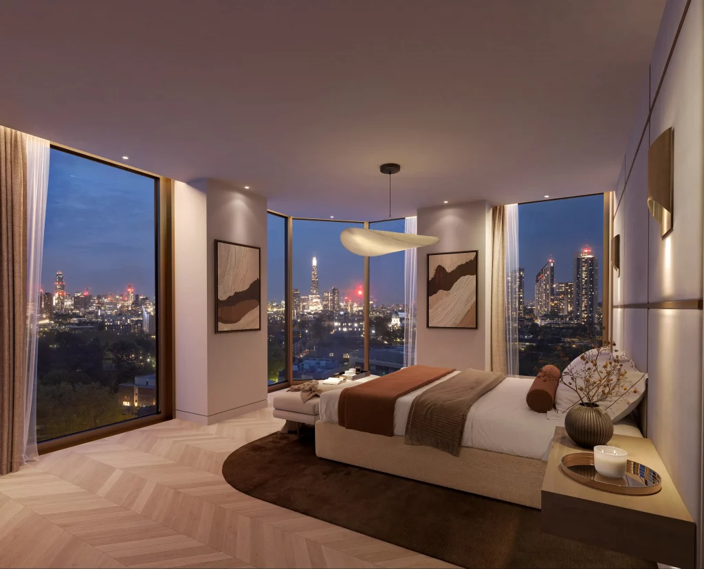 The image showcases a modern bedroom with a stunning cityscape view, indicating luxury real estate. A soft color palette with hardwood flooring creates a calm, upscale environment.