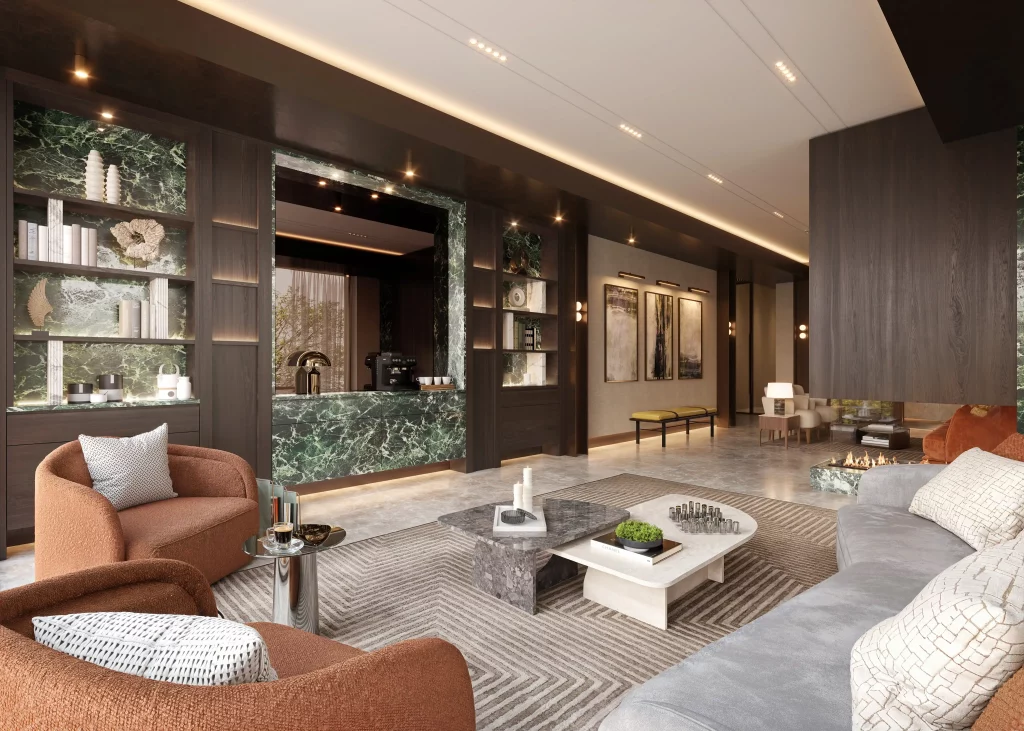 A luxury living room, complete with stone surfaces, earth-toned furniture, and an open floorplan. This interior design offers a modern and upscale feel.