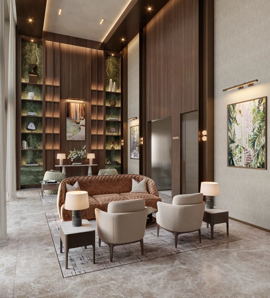 A luxurious lobby area. It features warm color tones, comfortable seating arrangements, and artwork that enhances the elegant ambiance of The Westminster Tower.