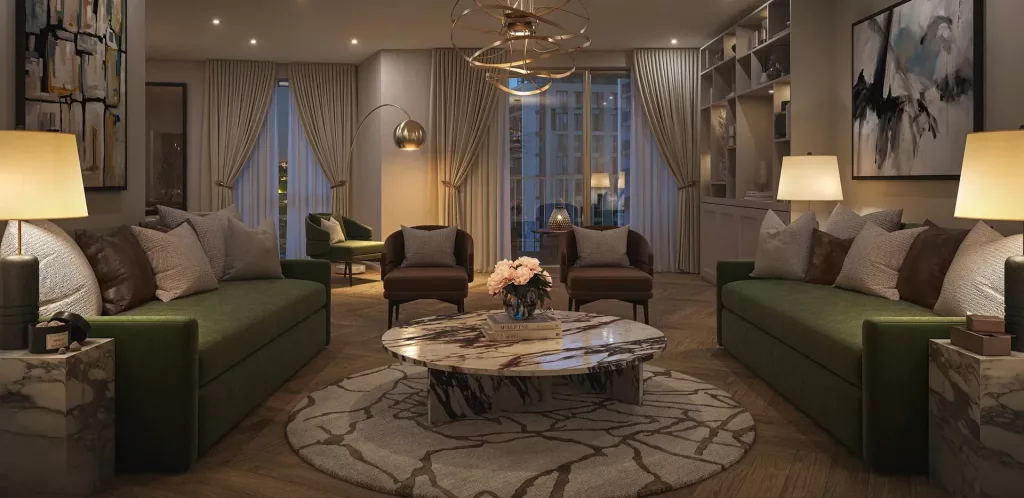 property Luxurious living room with elegant green sofas a marble coffee table artistic decor ambient lighting and smart interior design for a cozy atmosphere property