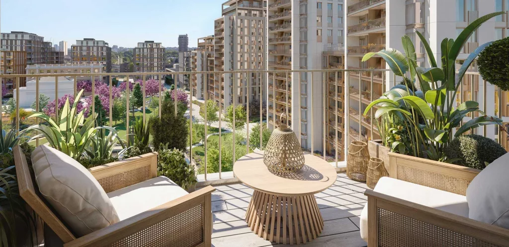 property Modern balcony view featuring cozy seating surrounded by urban residential buildings and lush greenery creating a serene outdoor retreat property