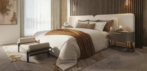property luxurious bedroom with plush bedding elegant decor and stylish furniture design creates a cozy and inviting atmosphere for relaxation and comfort property
