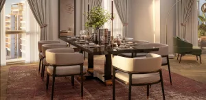 property Luxurious dining room with elegant table set for eight soft beige chairs chic curtains and natural light creating a warm and inviting atmosphere property