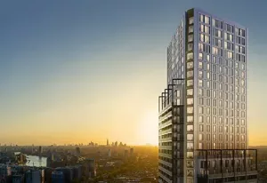 property modern skyscraper against a vibrant sunset skyline city view tall building with glass facade and urban landscape in the background stunning architecture property
