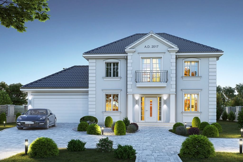 Elegant home with classic architecture, landscaped lawn, and driveway. stamp duty