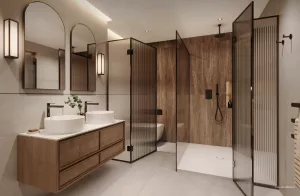 A modern bathroom featuring a double vanity with two round sinks, mirrors above, and a wooden cabinet. A glass shower enclosure with a rain shower head is present, along with a toilet near the wall. Neutral tones and contemporary design.
