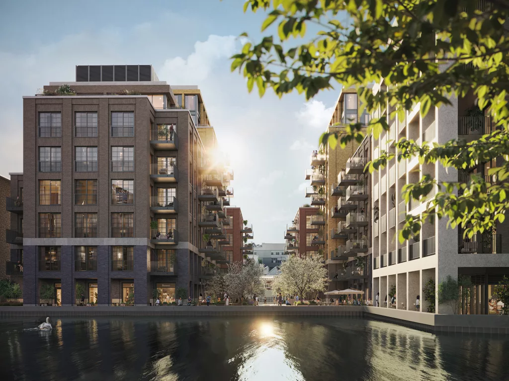 Architectural exterior of Ransome's Wharf development in Battersea SW11 showing the historic dockside setting.