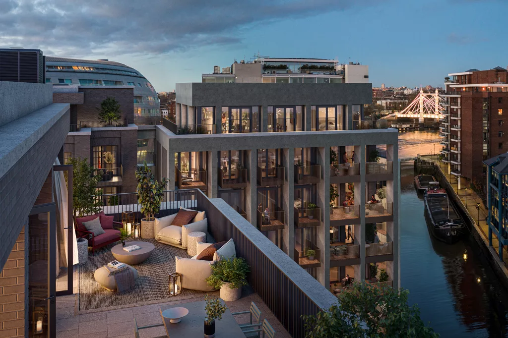 Luxury waterfront apartments at Ransome's Wharf Battersea with private terraces overlooking the Thames.
