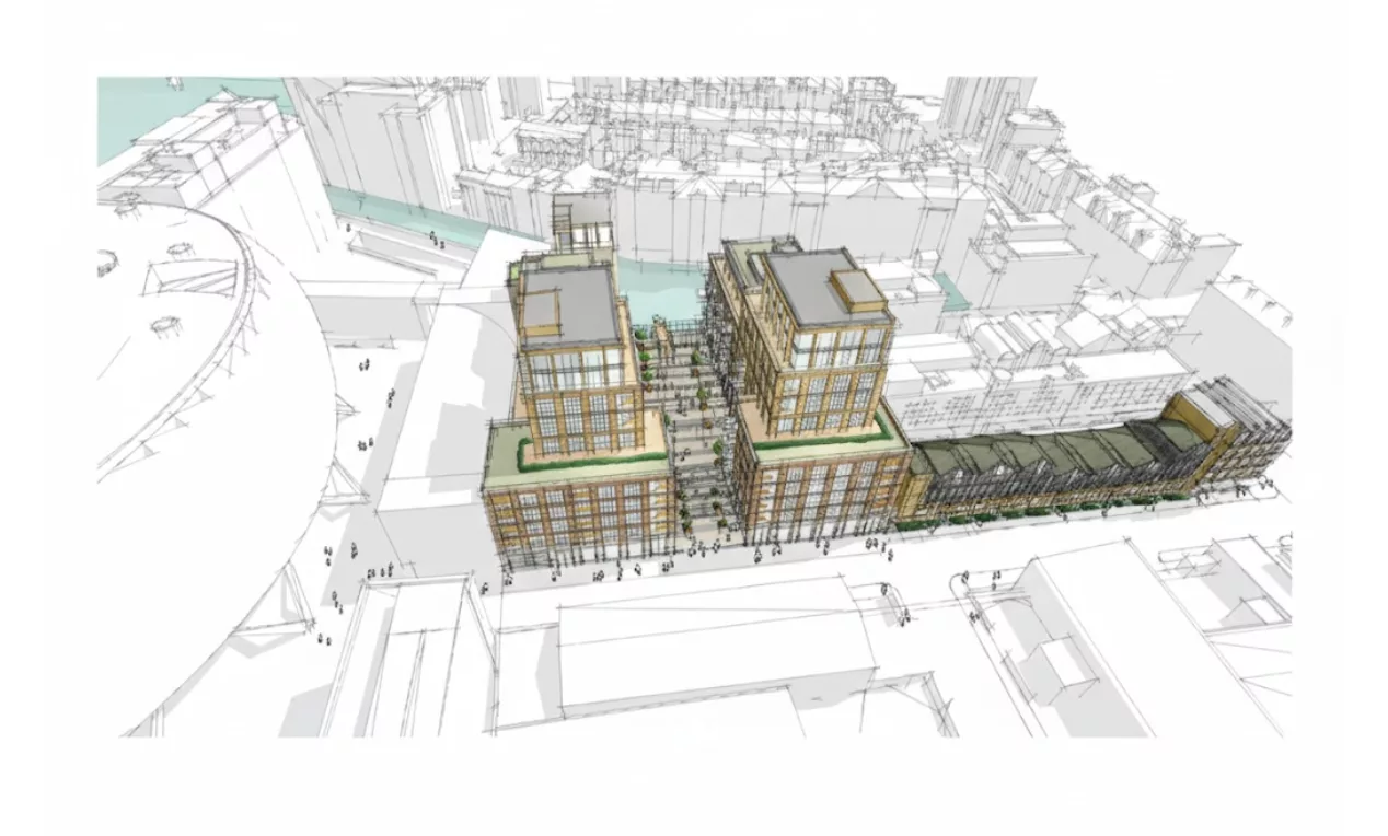 Architectural rendering of the low-rise Ransome's Wharf development in Battersea